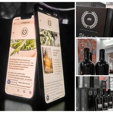 Zwei Smartphones mit Apps und verschiedenen Flaschen auf einem dunklen Hintergrund.